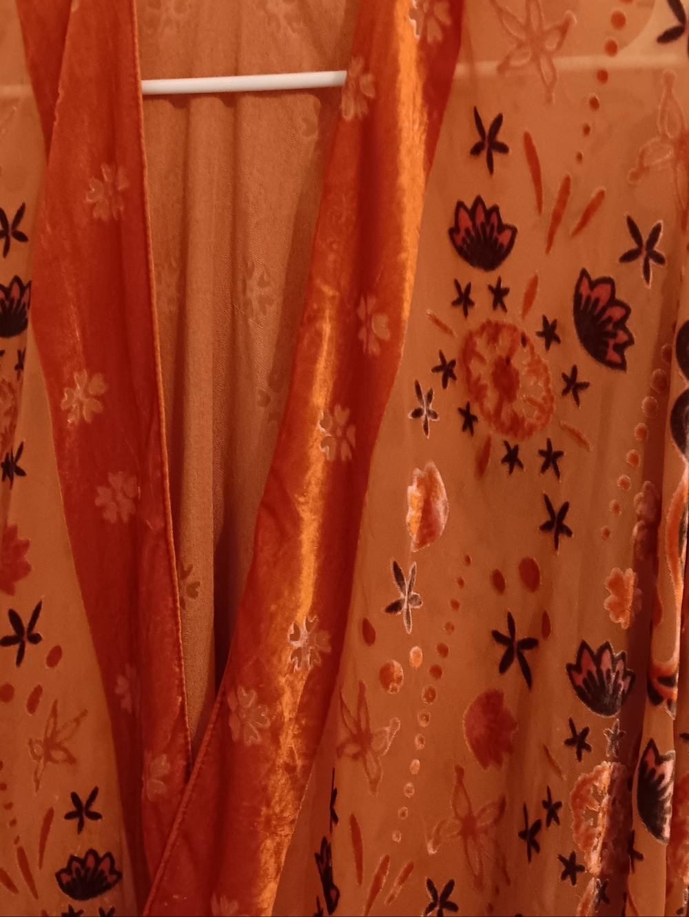 Urban Outfitter Rust Orange Velvet Burnout Floral Kimono Jacket Semi Sheer Boho - Picture 2 of 8